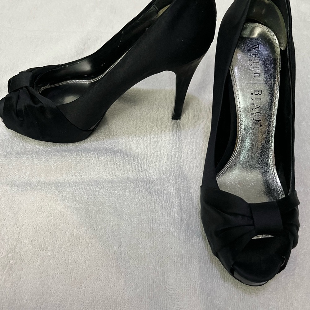 White House Black Market Black Satin Peep Toe Heels